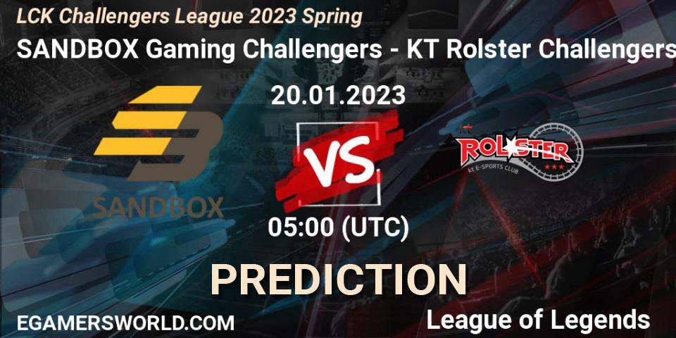 Pronósticos SANDBOX Gaming Youth - KT Rolster Challengers. 20.01.2023 at 05:00. LCK Challengers League 2023 Spring - LoL