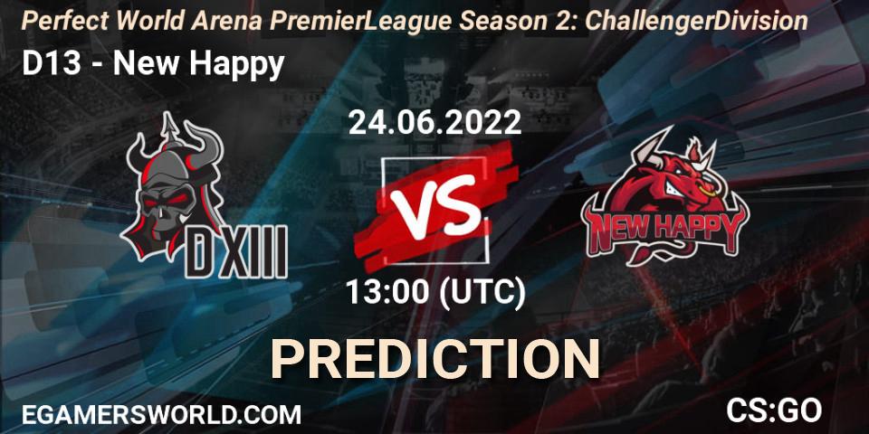 Pronósticos D13 - New Happy. 24.06.2022 at 11:40. Perfect World Arena Premier League Season 2: Challenger Division - Counter-Strike (CS2)