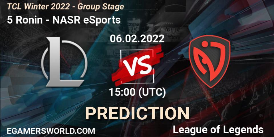 Pronósticos 5 Ronin - NASR eSports. 06.02.2022 at 15:00. TCL Winter 2022 - Group Stage - LoL