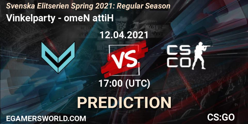 Pronósticos Vinkelparty - omeN attiH. 12.04.2021 at 17:00. Svenska Elitserien Spring 2021: Regular Season - Counter-Strike (CS2)
