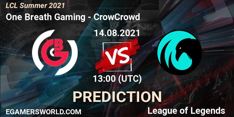 Pronósticos One Breath Gaming - CrowCrowd. 14.08.2021 at 13:00. LCL Summer 2021 - LoL