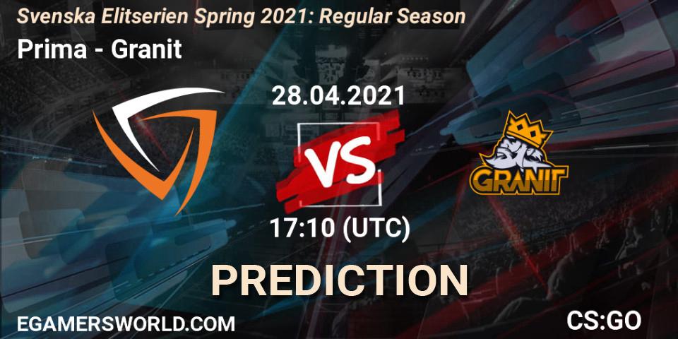 Pronósticos Prima - Granit. 28.04.2021 at 17:10. Svenska Elitserien Spring 2021: Regular Season - Counter-Strike (CS2)