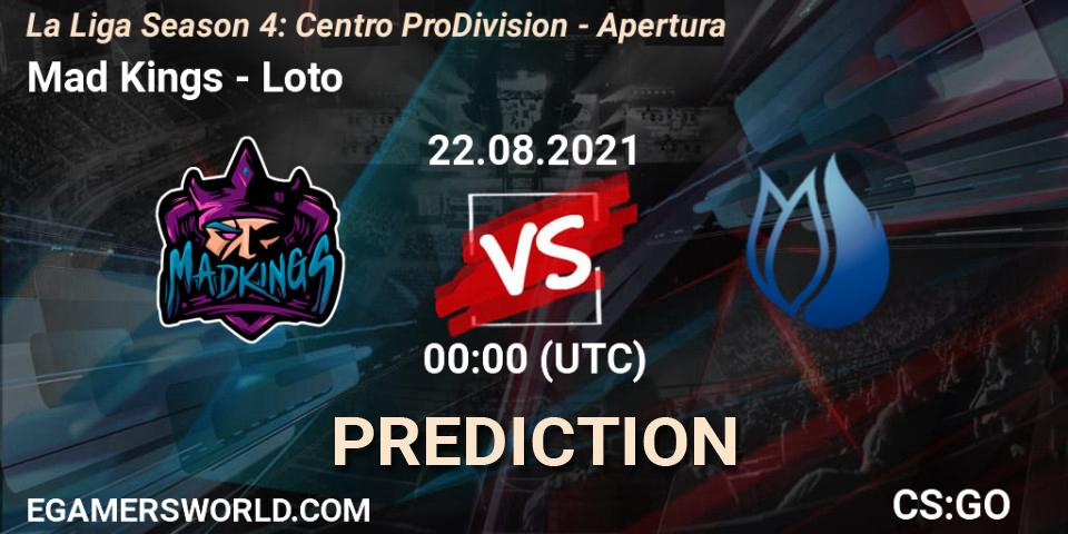 Pronósticos Mad Kings - Loto. 22.08.2021 at 00:00. La Liga Season 4: Centro Pro Division - Apertura - Counter-Strike (CS2)