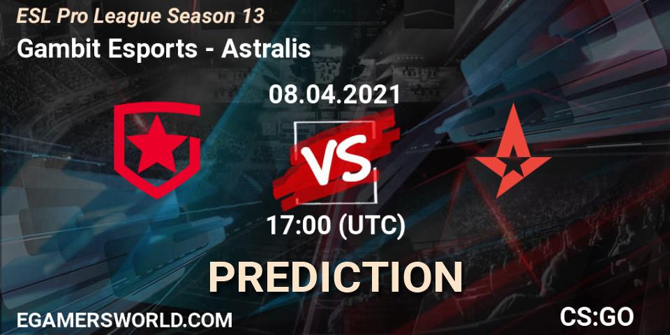 Pronósticos Gambit Esports - Astralis. 08.04.2021 at 17:00. ESL Pro League Season 13 - Counter-Strike (CS2)