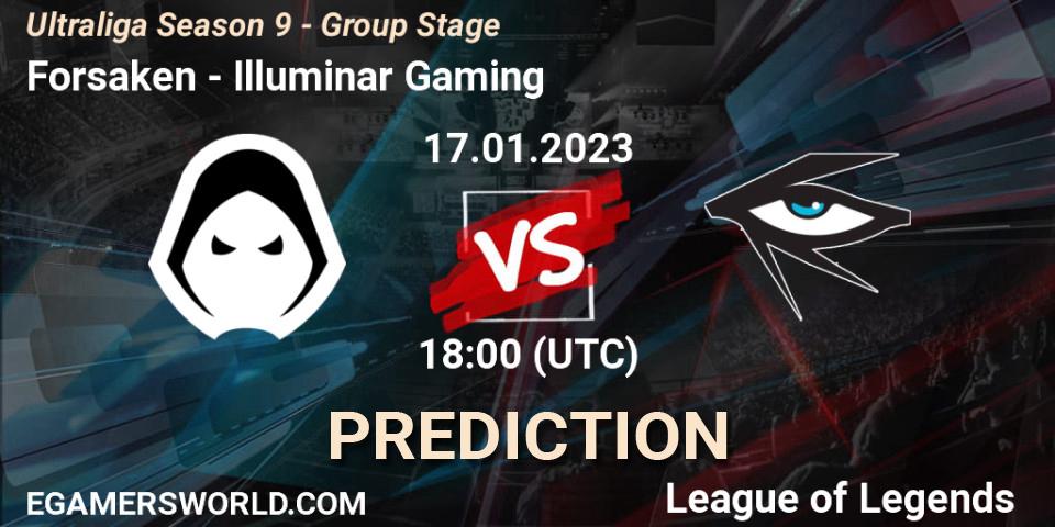 Pronósticos Forsaken - Illuminar Gaming. 17.01.2023 at 18:00. Ultraliga Season 9 - Group Stage - LoL