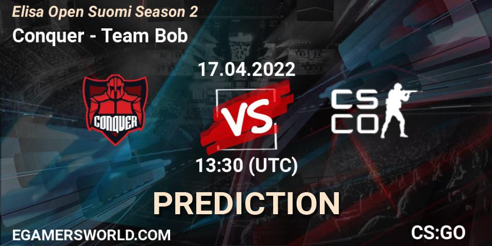 Pronósticos Conquer - Team Bob. 17.04.2022 at 13:30. Elisa Open Suomi Season 2 - Counter-Strike (CS2)
