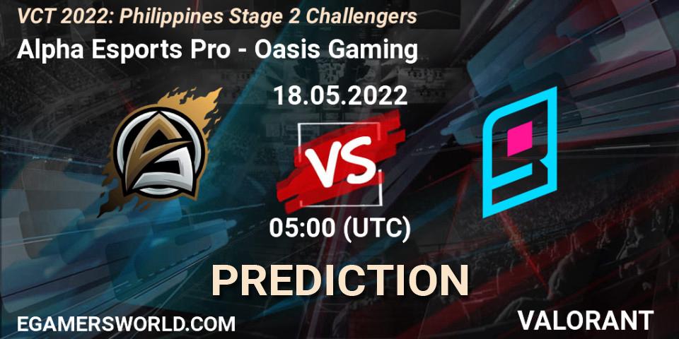 Pronósticos Alpha Esports Pro - Oasis Gaming. 18.05.2022 at 05:00. VCT 2022: Philippines Stage 2 Challengers - VALORANT
