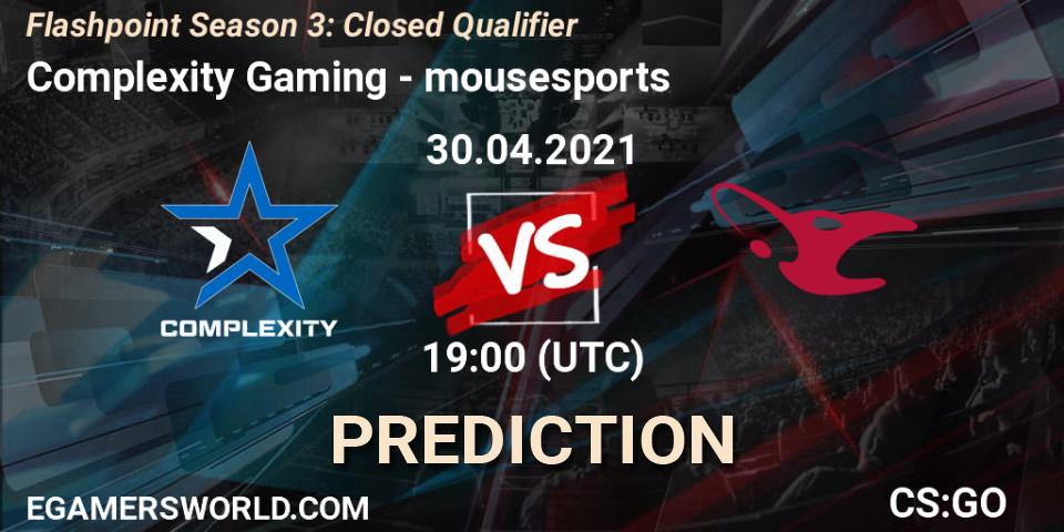 Pronósticos Complexity Gaming - mousesports. 30.04.2021 at 20:30. Flashpoint Season 3: Closed Qualifier - Counter-Strike (CS2)