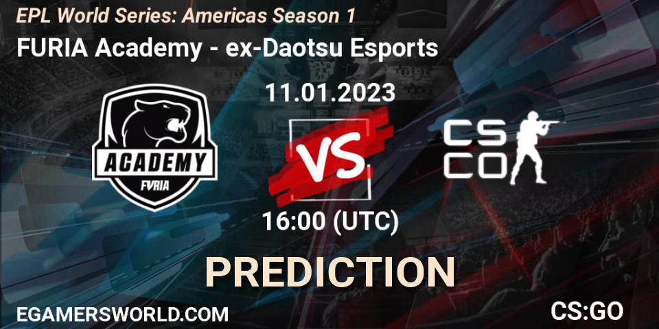 Pronósticos FURIA Academy - ex-Daotsu Esports. 12.01.2023 at 16:00. EPL World Series: Americas Season 1 - Counter-Strike (CS2)