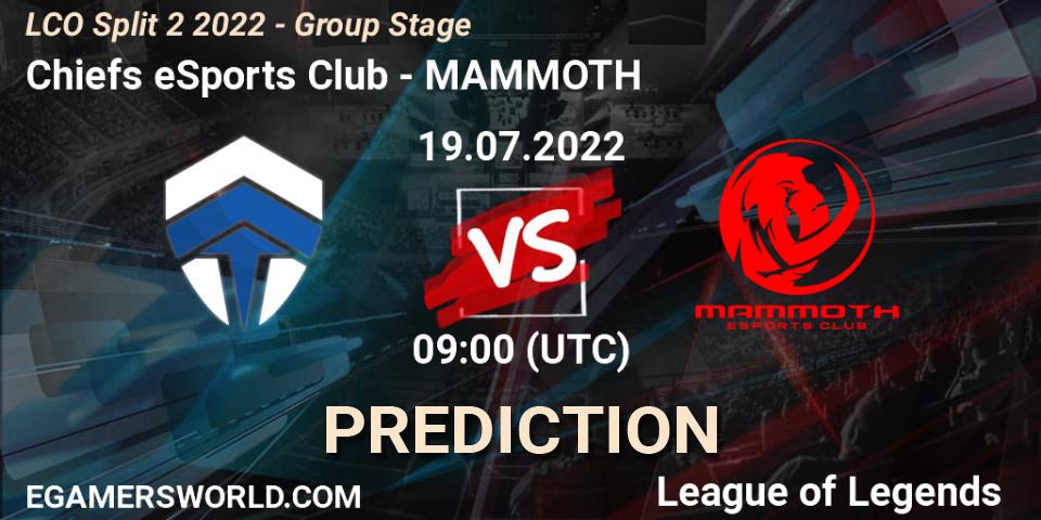Pronósticos Chiefs eSports Club - MAMMOTH. 19.07.2022 at 09:00. LCO Split 2 2022 - Group Stage - LoL