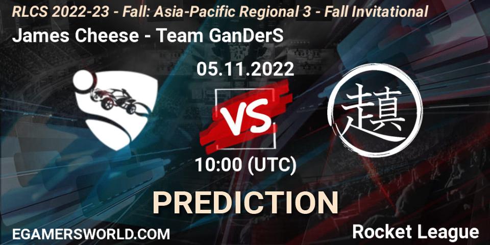 Pronósticos James Cheese - Team GanDerS. 05.11.2022 at 10:00. RLCS 2022-23 - Fall: Asia-Pacific Regional 3 - Fall Invitational - Rocket League
