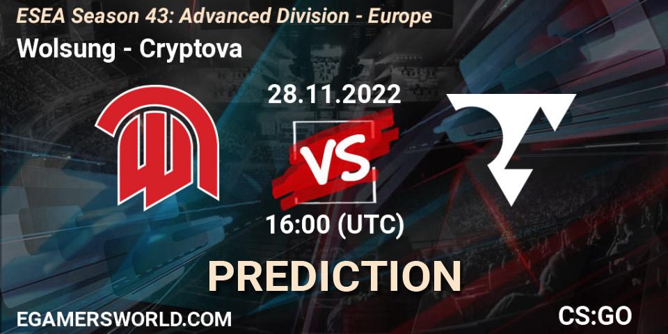 Pronósticos Wolsung - Cryptova. 28.11.22. ESEA Season 43: Advanced Division - Europe - CS2 (CS:GO)