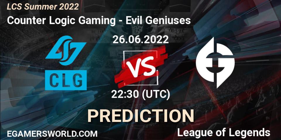 Pronósticos Counter Logic Gaming - Evil Geniuses. 26.06.22. LCS Summer 2022 - LoL