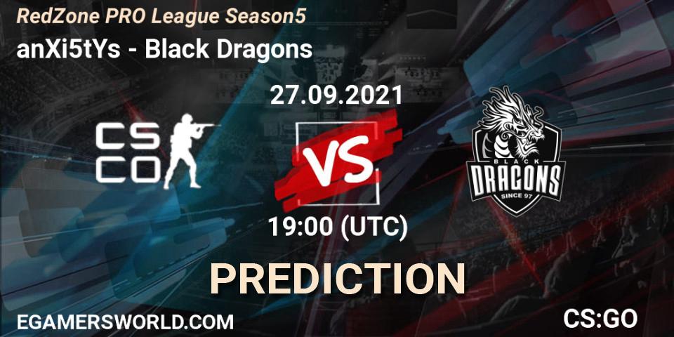 Pronósticos anXi5tYs - Black Dragons. 27.09.2021 at 19:00. RedZone PRO League Season 5 - Counter-Strike (CS2)