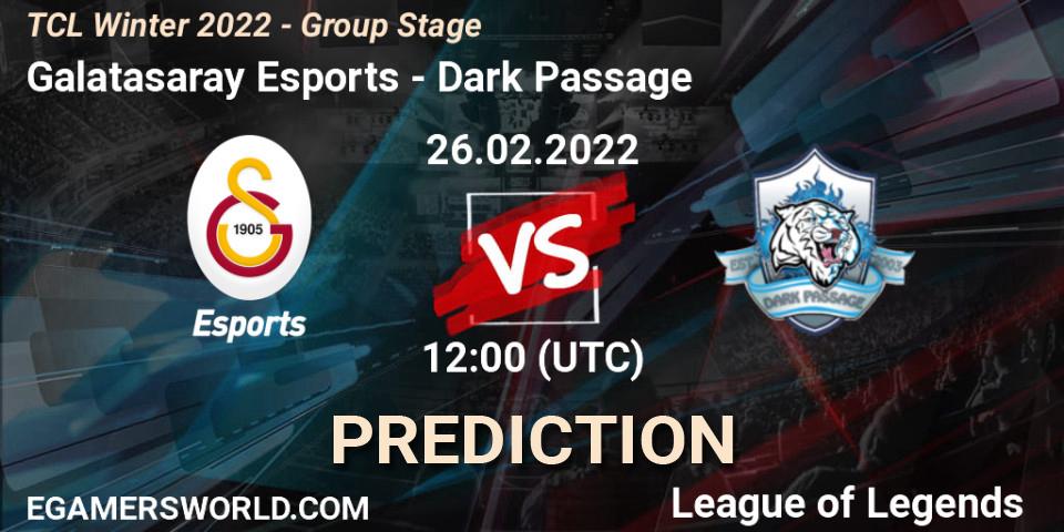 Pronósticos Galatasaray Esports - Dark Passage. 26.02.2022 at 12:00. TCL Winter 2022 - Group Stage - LoL