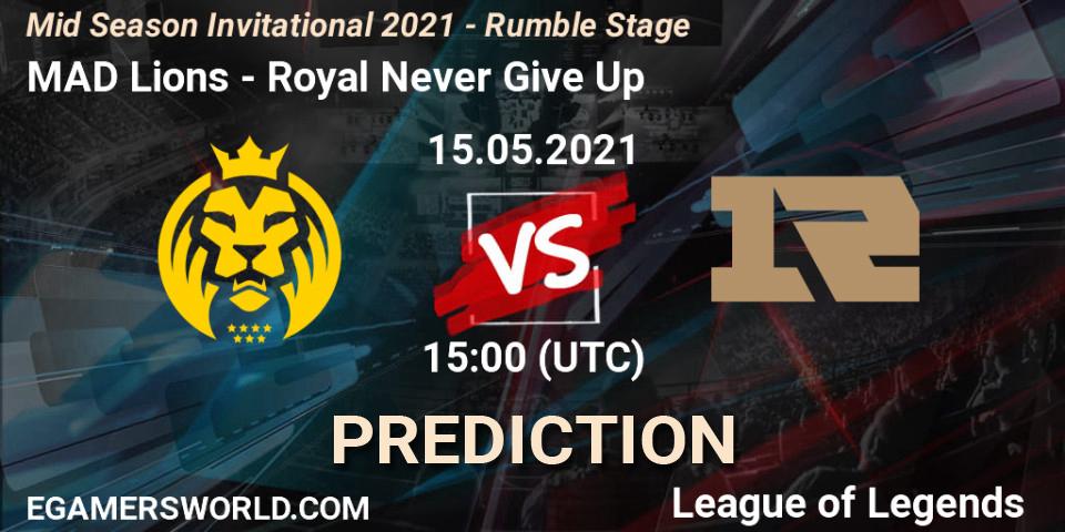 Pronósticos MAD Lions - Royal Never Give Up. 15.05.2021 at 15:00. Mid Season Invitational 2021 - Rumble Stage - LoL