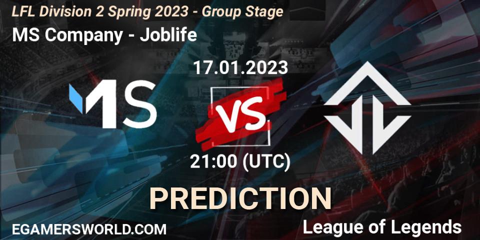 Pronósticos MS Company - Joblife. 17.01.2023 at 21:00. LFL Division 2 Spring 2023 - Group Stage - LoL
