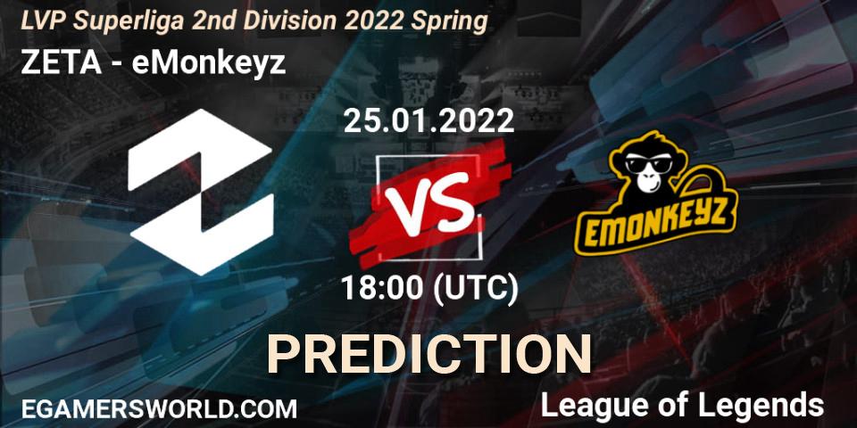 Pronósticos ZETA - eMonkeyz. 25.01.2022 at 17:00. LVP Superliga 2nd Division 2022 Spring - LoL