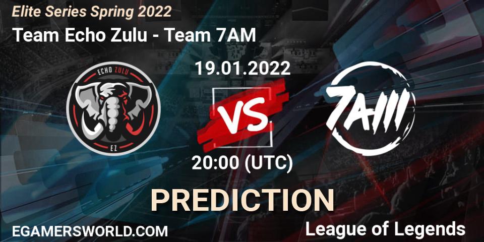 Pronósticos Team Echo Zulu - Team 7AM. 19.01.2022 at 20:00. Elite Series Spring 2022 - LoL