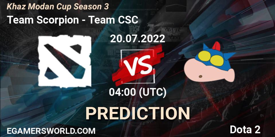 Pronósticos Team Scorpion - Team CSC. 20.07.2022 at 04:06. Khaz Modan Cup Season 3 - Dota 2