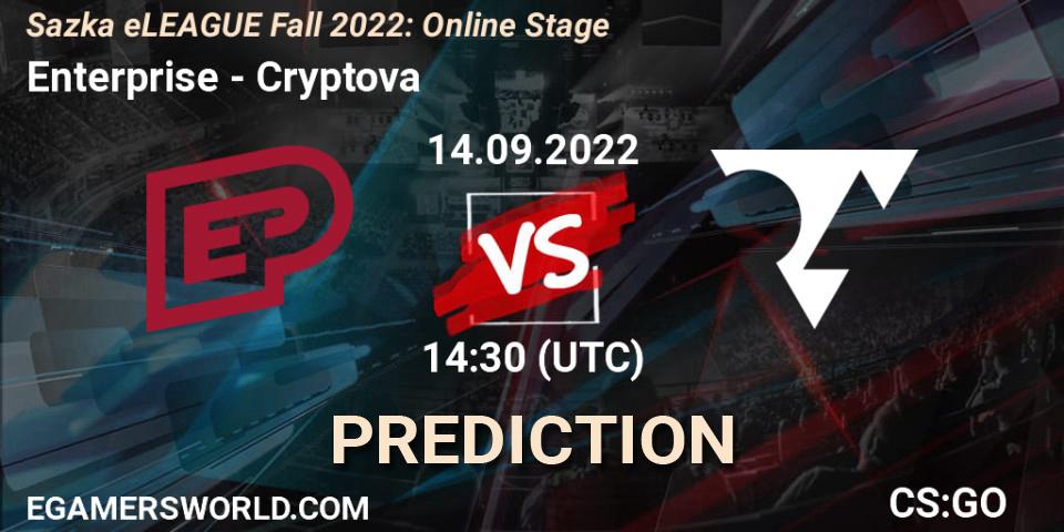 Pronósticos Enterprise - Cryptova. 14.09.2022 at 14:30. Sazka eLEAGUE Fall 2022: Online Stage - Counter-Strike (CS2)