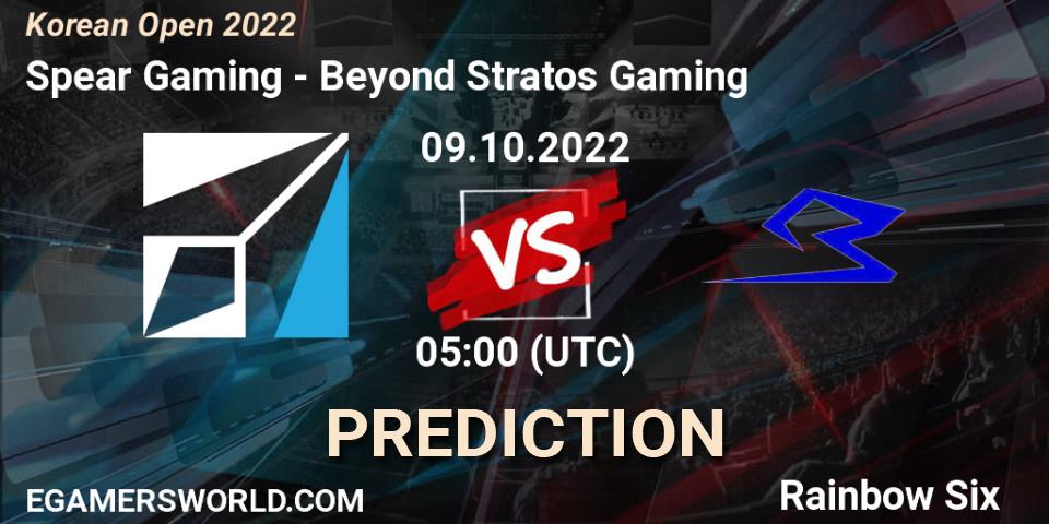 Pronósticos Spear Gaming - Beyond Stratos Gaming. 09.10.2022 at 05:00. Korean Open 2022 - Rainbow Six