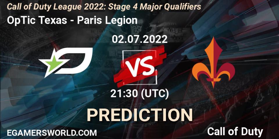 Pronósticos OpTic Texas - Paris Legion. 02.07.2022 at 20:30. Call of Duty League 2022: Stage 4 - Call of Duty