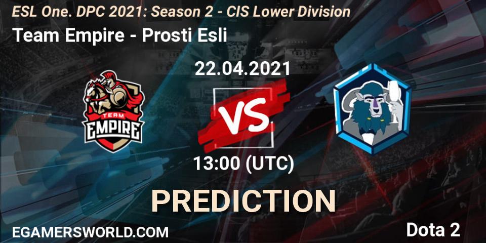 Pronósticos Team Empire - Prosti Esli. 22.04.2021 at 12:55. ESL One. DPC 2021: Season 2 - CIS Lower Division - Dota 2