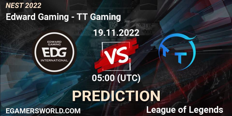 Pronósticos Edward Gaming - TT Gaming. 19.11.2022 at 05:25. NEST 2022 - LoL