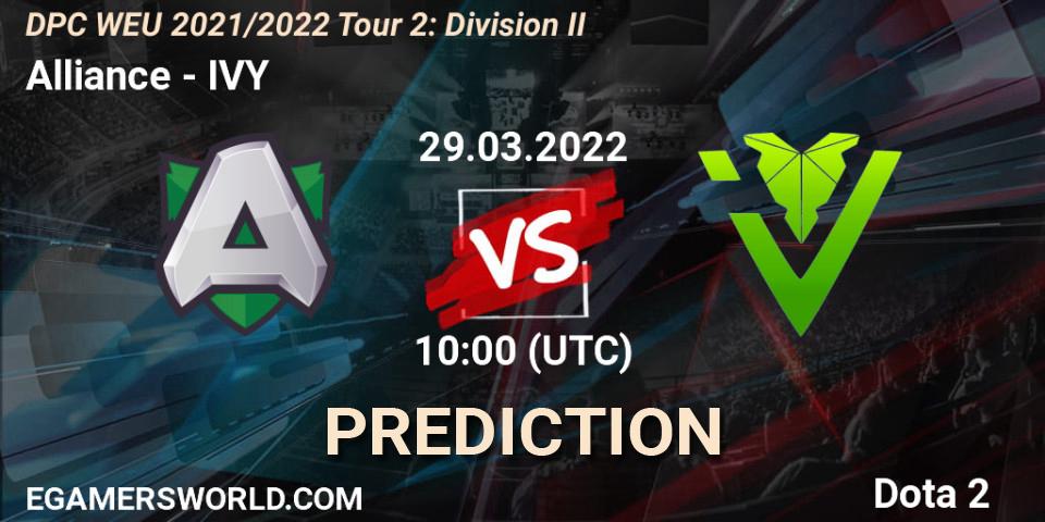 Pronósticos Alliance - IVY. 29.03.2022 at 09:55. DPC 2021/2022 Tour 2: WEU Division II (Lower) - DreamLeague Season 17 - Dota 2