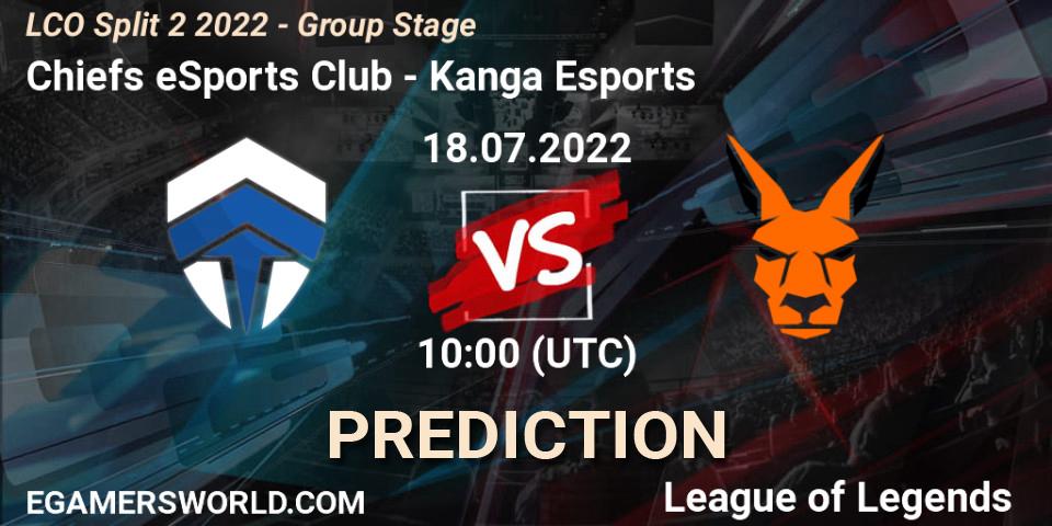Pronósticos Chiefs eSports Club - Kanga Esports. 18.07.2022 at 10:00. LCO Split 2 2022 - Group Stage - LoL