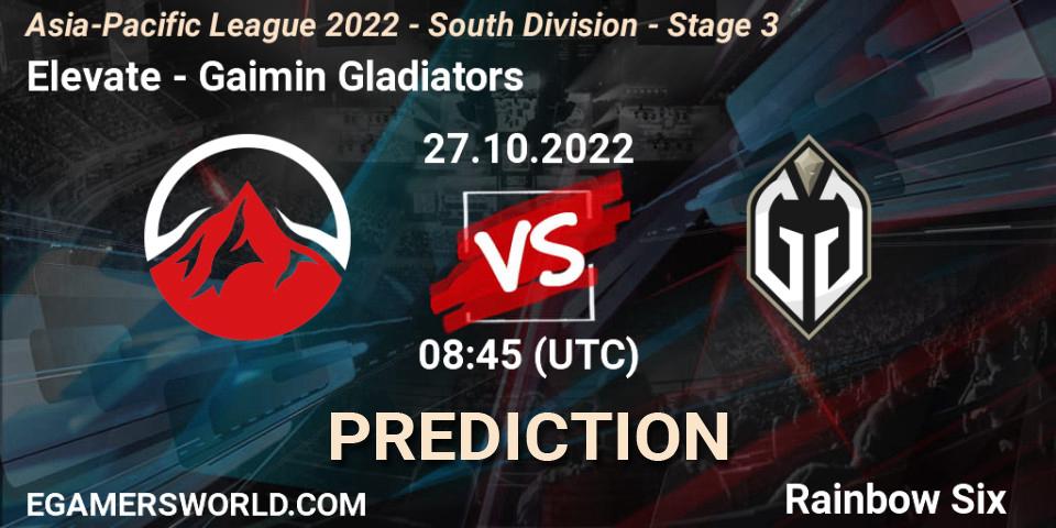 Pronósticos Elevate - Gaimin Gladiators. 27.10.2022 at 08:45. Asia-Pacific League 2022 - South Division - Stage 3 - Rainbow Six