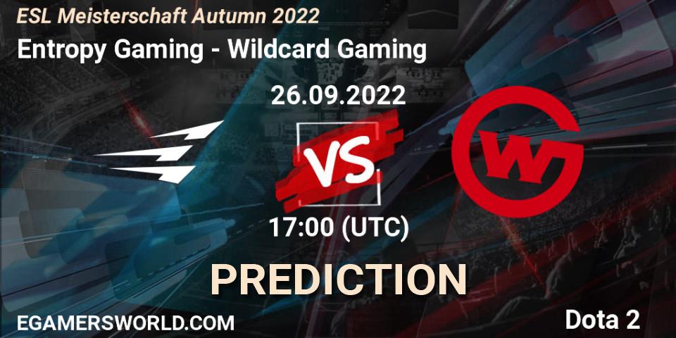 Pronósticos Entropy Gaming - Wildcard Gaming. 26.09.2022 at 17:09. ESL Meisterschaft Autumn 2022 - Dota 2