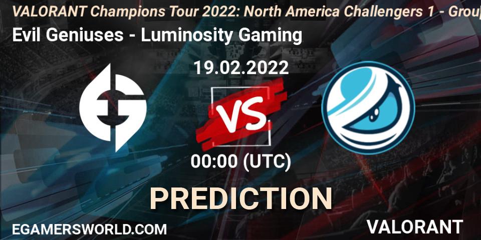 Pronósticos Evil Geniuses - Luminosity Gaming. 19.02.2022 at 00:30. VCT 2022: North America Challengers 1 - Group Stage - VALORANT