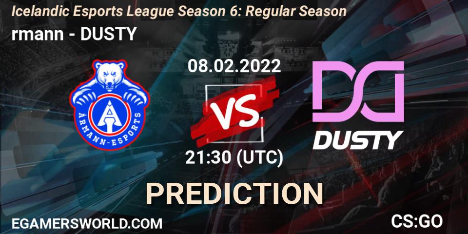 Pronósticos Ármann - DUSTY. 08.02.2022 at 21:30. Icelandic Esports League Season 6: Regular Season - Counter-Strike (CS2)