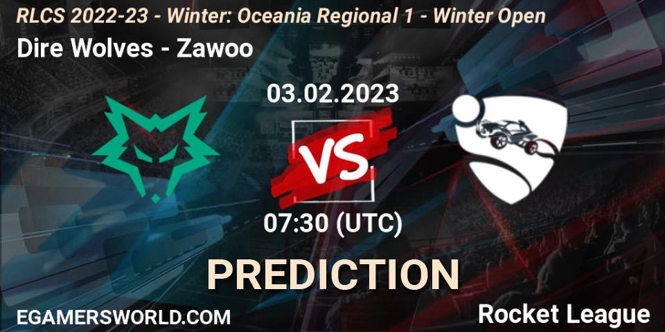 Pronósticos Dire Wolves - Zawoo. 03.02.2023 at 07:30. RLCS 2022-23 - Winter: Oceania Regional 1 - Winter Open - Rocket League