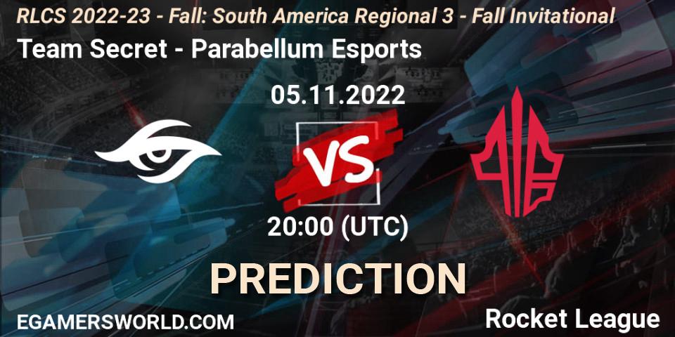 Pronósticos Team Secret - Parabellum Esports. 05.11.2022 at 22:00. RLCS 2022-23 - Fall: South America Regional 3 - Fall Invitational - Rocket League