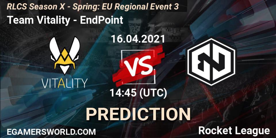 Pronósticos Team Vitality - EndPoint. 16.04.2021 at 14:45. RLCS Season X - Spring: EU Regional Event 3 - Rocket League