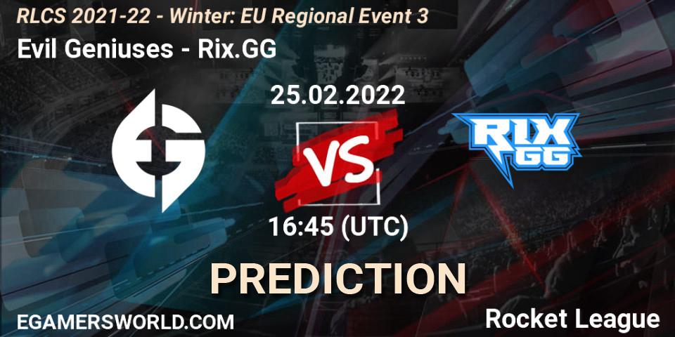 Pronósticos Evil Geniuses - Rix.GG. 25.02.2022 at 16:45. RLCS 2021-22 - Winter: EU Regional Event 3 - Rocket League