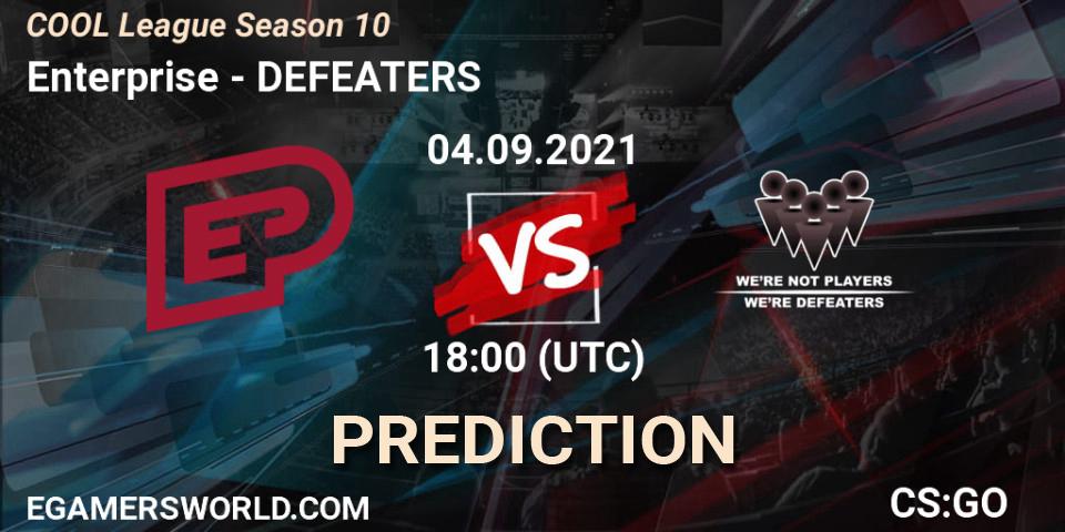 Pronósticos Enterprise - DEFEATERS. 04.09.2021 at 14:00. COOL League Season 10 - Counter-Strike (CS2)