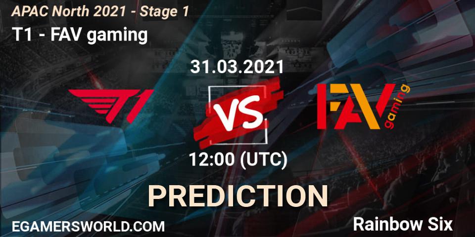 Pronósticos T1 - FAV gaming. 31.03.2021 at 12:00. APAC North 2021 - Stage 1 - Rainbow Six