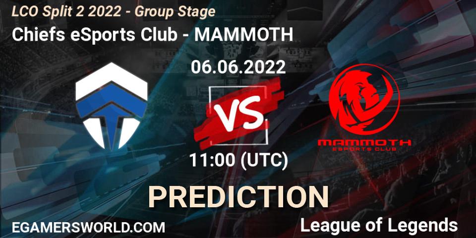 Pronósticos Chiefs eSports Club - MAMMOTH. 06.06.2022 at 11:00. LCO Split 2 2022 - Group Stage - LoL
