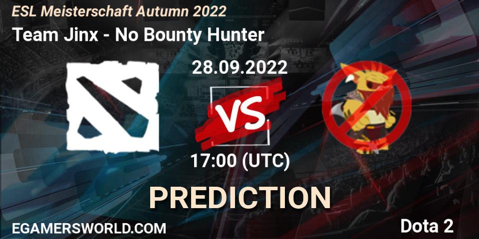 Pronósticos Team Jinx - No Bounty Hunter. 28.09.2022 at 17:20. ESL Meisterschaft Autumn 2022 - Dota 2