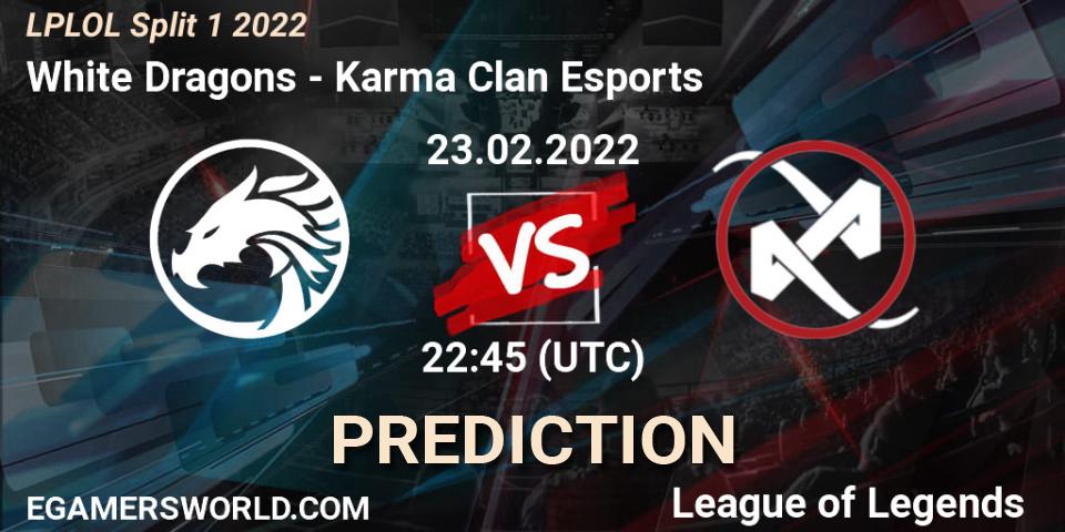 Pronósticos White Dragons - Karma Clan Esports. 23.02.2022 at 22:45. LPLOL Split 1 2022 - LoL