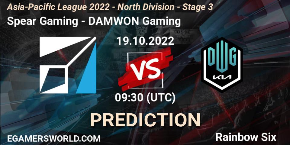 Pronósticos Spear Gaming - DAMWON Gaming. 19.10.2022 at 09:30. Asia-Pacific League 2022 - North Division - Stage 3 - Rainbow Six