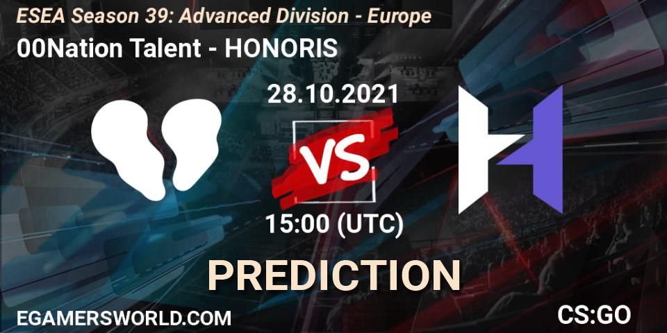 Pronósticos 00Nation Talent - HONORIS. 28.10.2021 at 15:00. ESEA Season 39: Advanced Division - Europe - Counter-Strike (CS2)