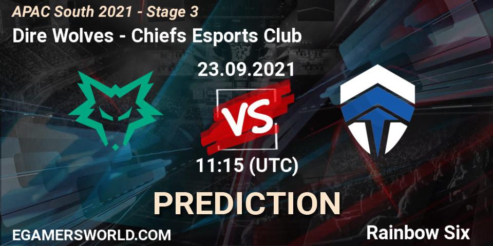 Pronósticos Dire Wolves - Chiefs Esports Club. 23.09.2021 at 11:15. APAC South 2021 - Stage 3 - Rainbow Six