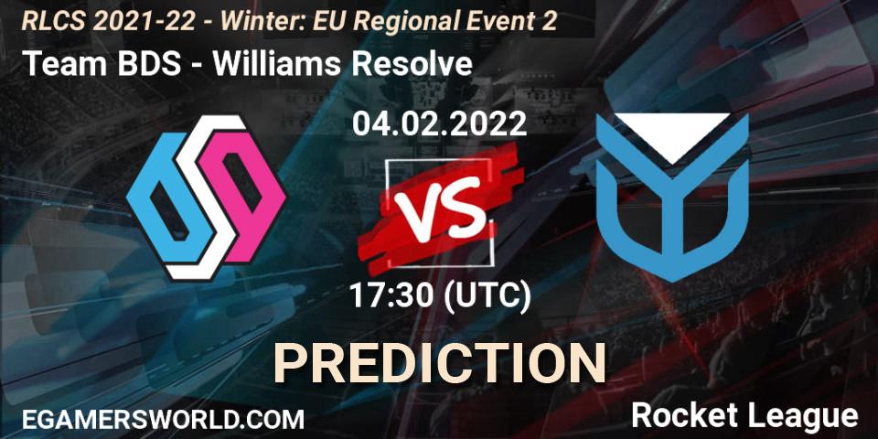 Pronósticos Team BDS - Williams Resolve. 04.02.2022 at 17:30. RLCS 2021-22 - Winter: EU Regional Event 2 - Rocket League