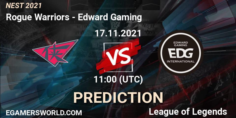 Pronósticos Edward Gaming - Rogue Warriors. 17.11.2021 at 11:10. NEST 2021 - LoL