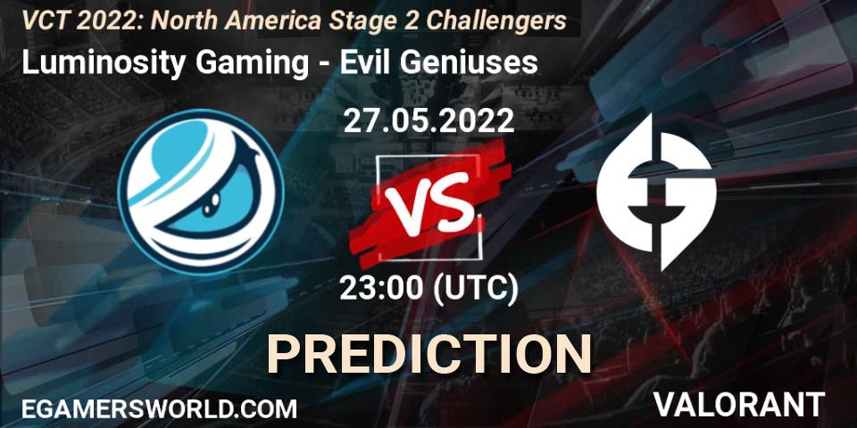 Pronósticos Luminosity Gaming - Evil Geniuses. 27.05.2022 at 22:40. VCT 2022: North America Stage 2 Challengers - VALORANT